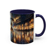 Elegant Nighttime Cityscape Coffee Mug with steam rising from hot coffee, inviting coffee lovers.