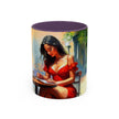 Artistic Red Dress Accent Coffee Mug - 11oz next to a notepad and a pencil, perfect for creative work