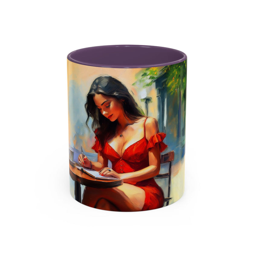 Artistic Red Dress Accent Coffee Mug - 11oz next to a notepad and a pencil, perfect for creative work
