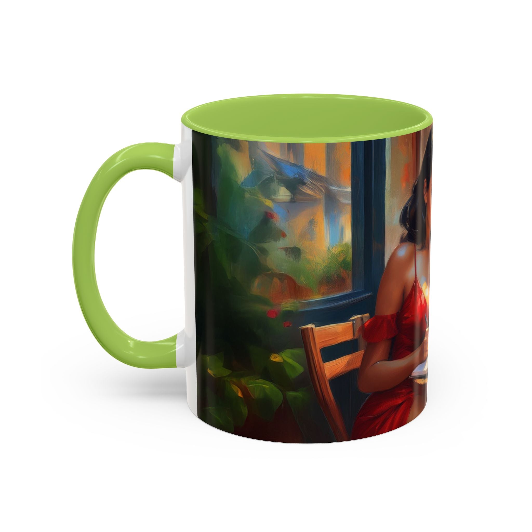 Parisian Dream Coffee Mug - 11oz beside a beautiful plant enhancing a cozy coffee corner.