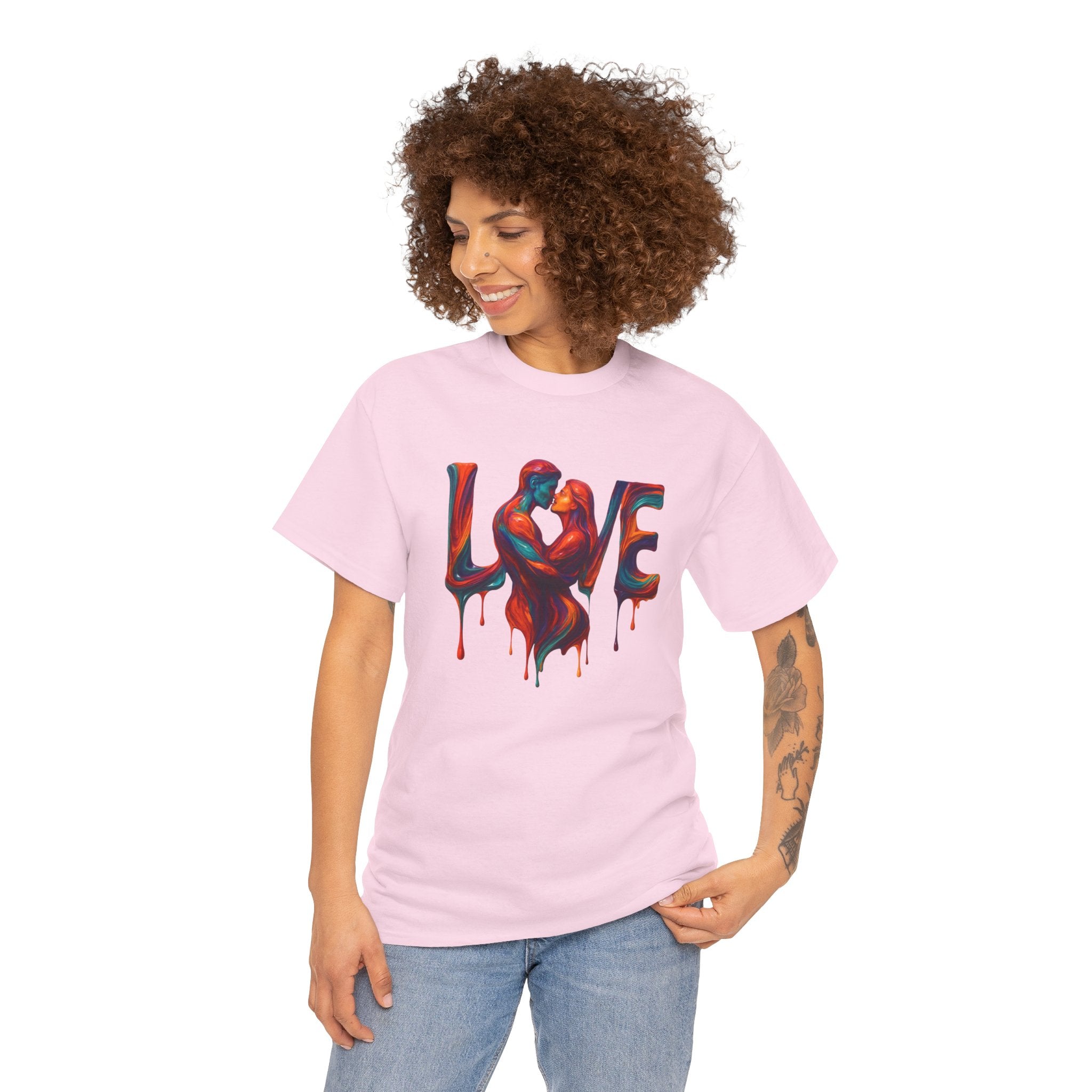 Love Unisex Heavy Cotton Tee modelled by a woman with a smile, showcasing comfort and style.