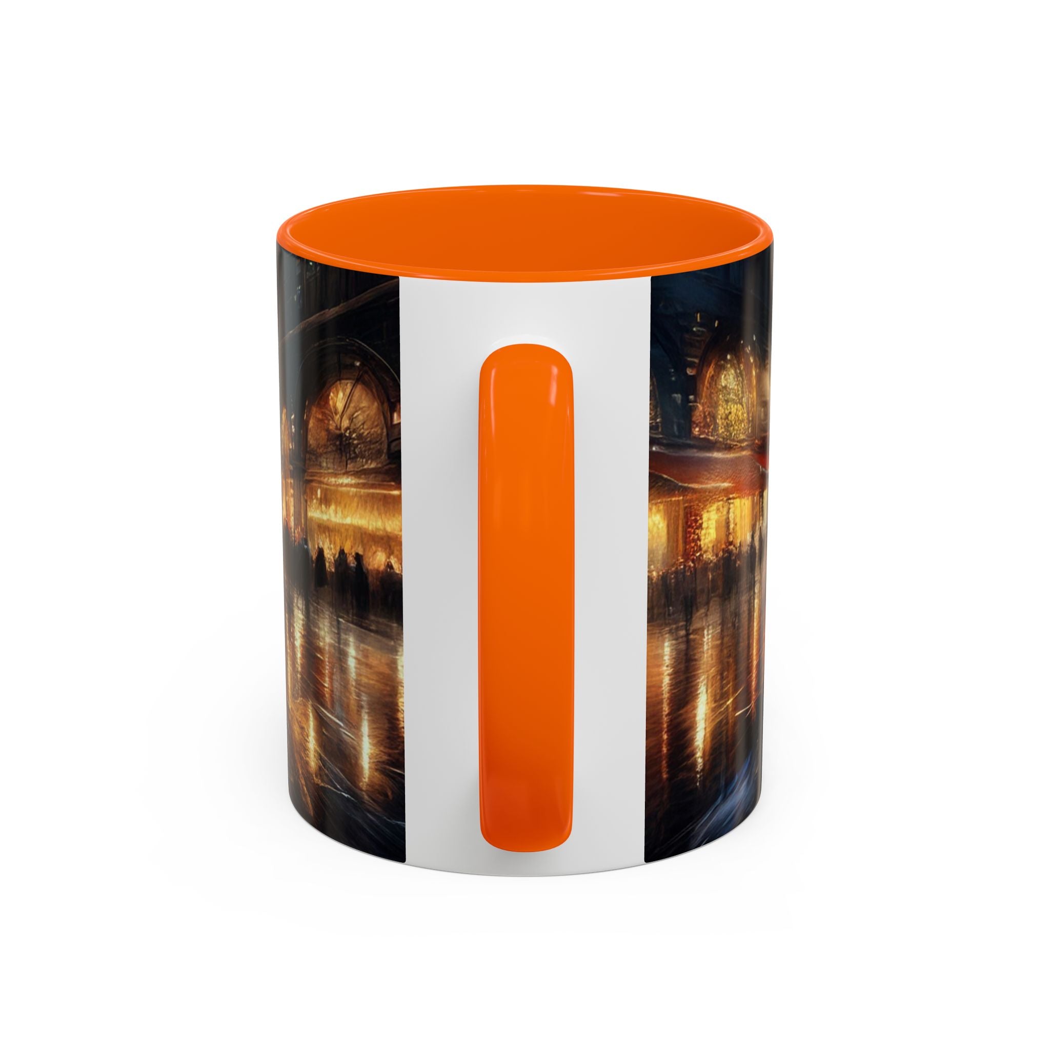 Elegant Nighttime Cityscape Coffee Mug alongside seasonal decorations, perfect for holiday coffee lovers.