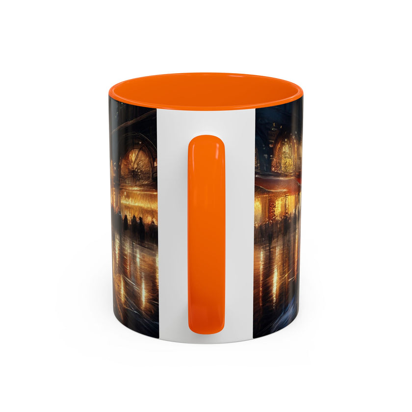 Elegant Nighttime Cityscape Coffee Mug alongside seasonal decorations, perfect for holiday coffee lovers.