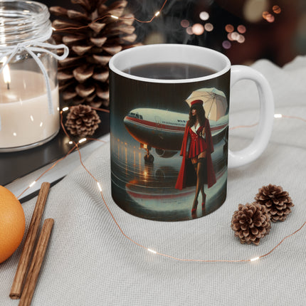 Retro Woman, Airplane Mug, Aviation Enthusiast Gift, Coffee Cup, Retro, Unique Pilot Mug, Glamour, Retro, Woman, Car, Dress, Red