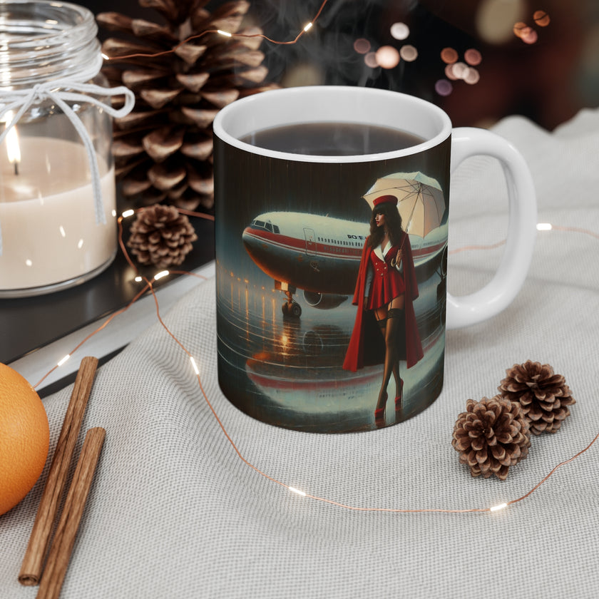 Retro Woman, Airplane Mug, Aviation Enthusiast Gift, Coffee Cup, Retro, Unique Pilot Mug, Glamour, Retro, Woman, Car, Dress, Red