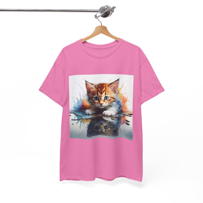 Adorable Cat Reflection Unisex Heavy Cotton Tee, Pet Lover T-Shirt, Animal Art Shirt, Cute Cat Gift for Her, Everyday Casual Wear