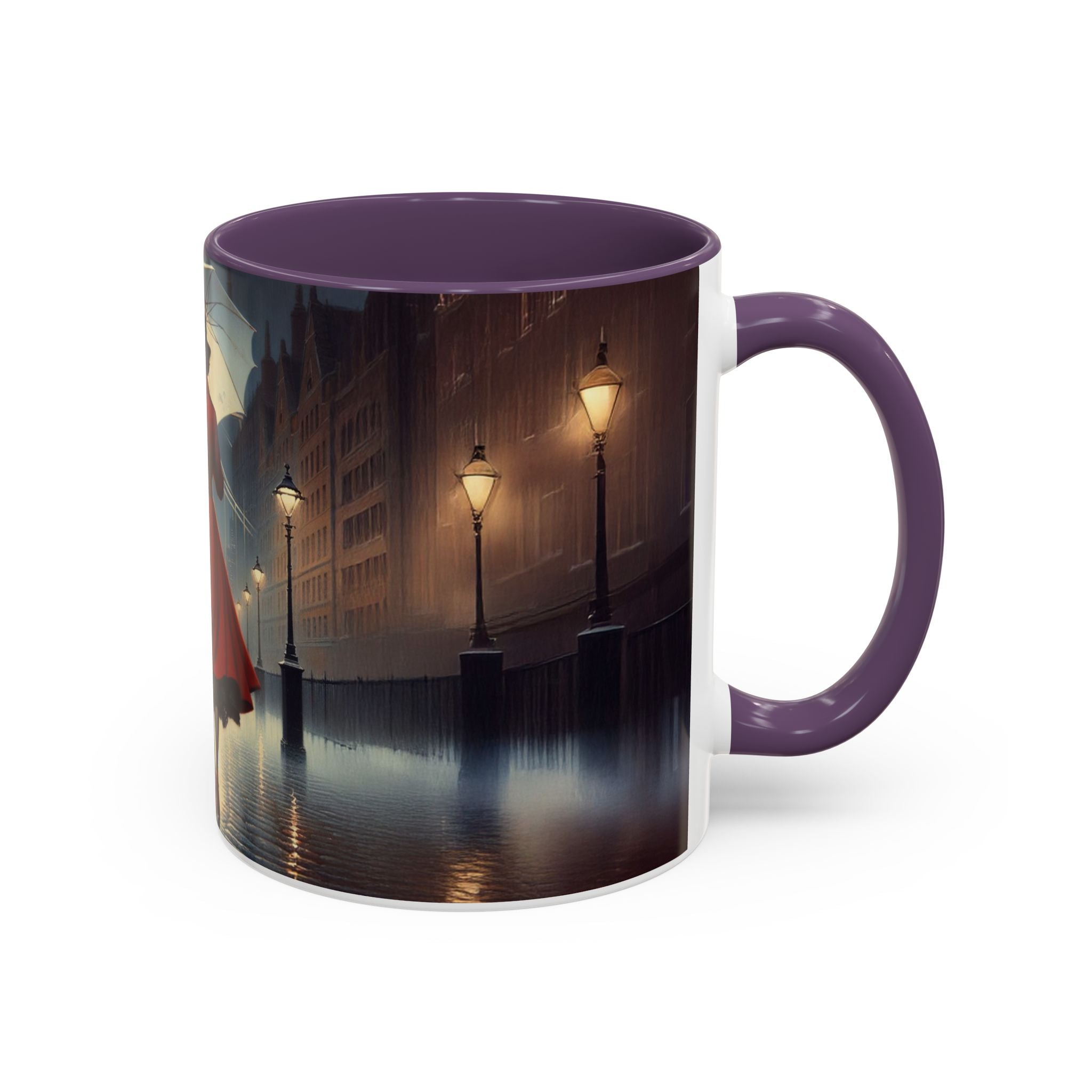 Elegant Red Dress Coffee Mug artfully designed with cityscape, a unique addition to your collection.