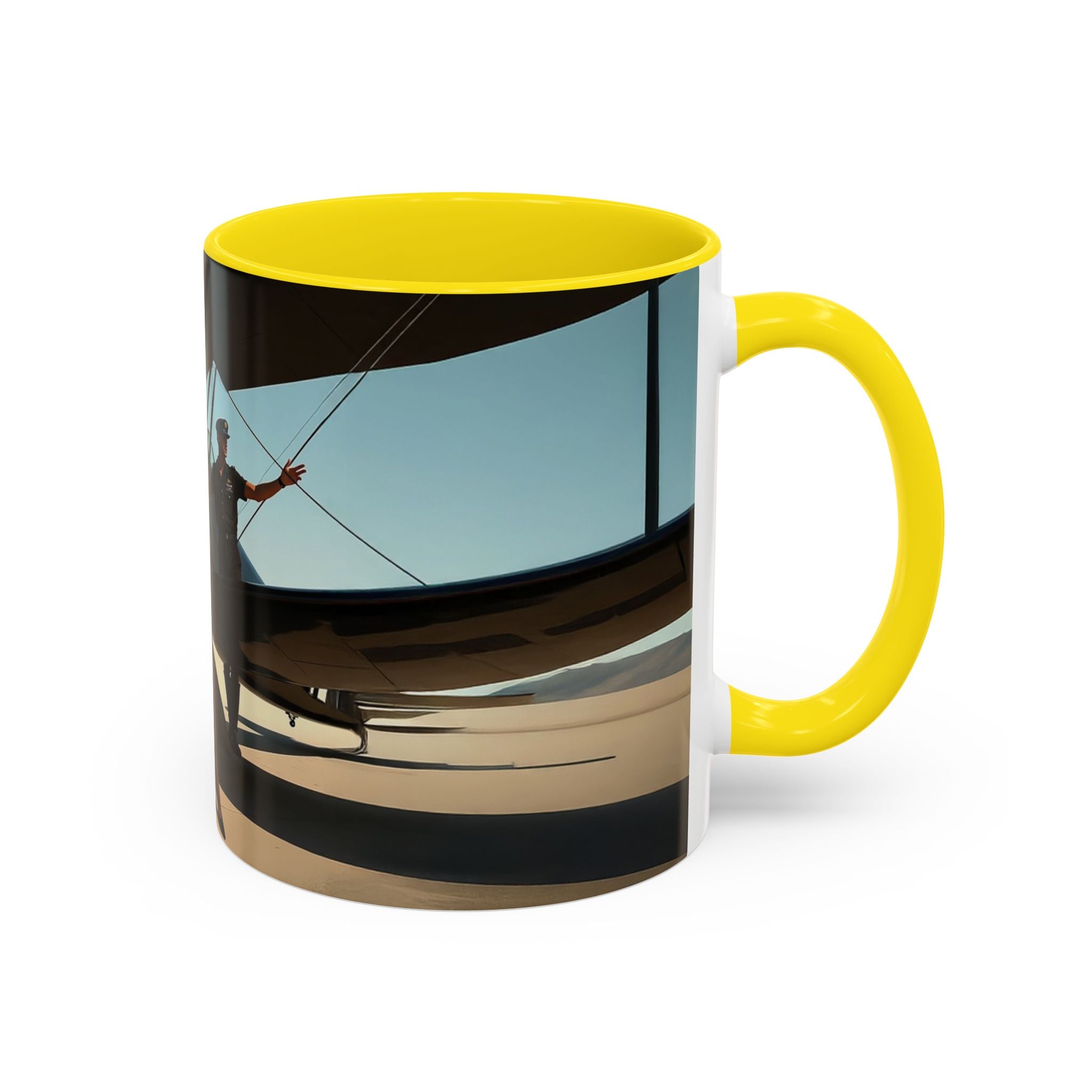 Vintage Aviation Accent Coffee Mug surrounded by colorful flowers, enhancing its appeal.