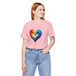 Rainbow Heart Ladies Shirt Jersey Short Sleeve Tee - Detailed view of fabric quality and print.