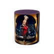 Vintage Pin-Up Coffee Mug - Classic Car Design filled with vibrant coffee and a spoon beside it.