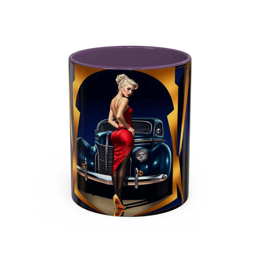 Vintage Pin-Up Coffee Mug - Classic Car Design filled with vibrant coffee and a spoon beside it.