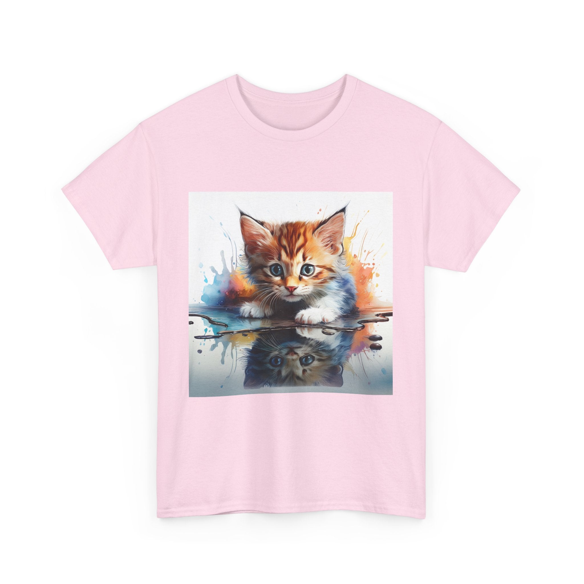 Adorable Cat Reflection Unisex Heavy Cotton Tee, Pet Lover T-Shirt, Animal Art Shirt, Cute Cat Gift for Her, Everyday Casual Wear