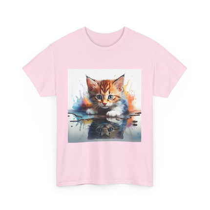 Adorable Cat Reflection Unisex Heavy Cotton Tee, Pet Lover T-Shirt, Animal Art Shirt, Cute Cat Gift for Her, Everyday Casual Wear