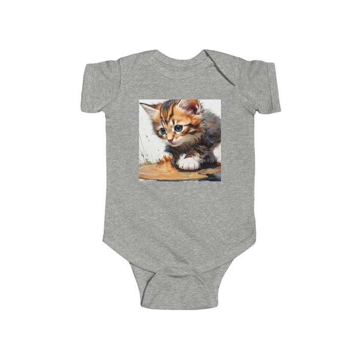 Adorable Cat Print Infant Bodysuit in gray color, featuring an adorable cat design by Printify. Perfect for baby clothing, this cotton bodysuit is ideal for special occasions and everyday wear. Great for TikTok shoots and other holiday picks, it offers a comfortable regular fit for your little one.