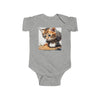 Adorable Cat Print Infant Bodysuit in gray color, featuring an adorable cat design by Printify. Perfect for baby clothing, this cotton bodysuit is ideal for special occasions and everyday wear. Great for TikTok shoots and other holiday picks, it offers a comfortable regular fit for your little one.