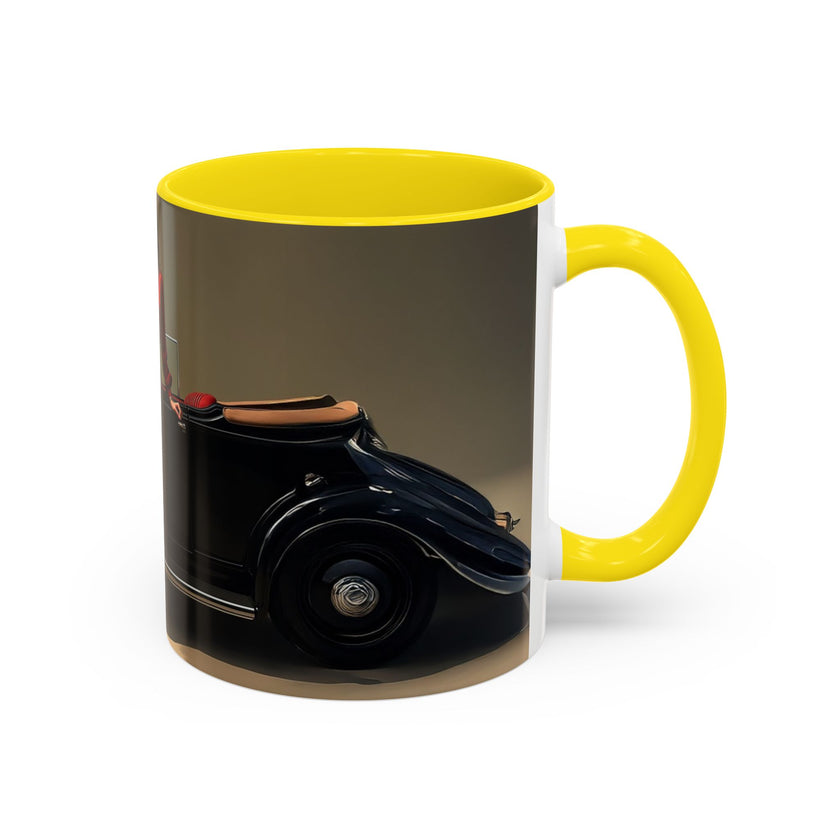 Sleek and stunning coffee mug featuring a classic car motif, for the stylish coffee drinker.