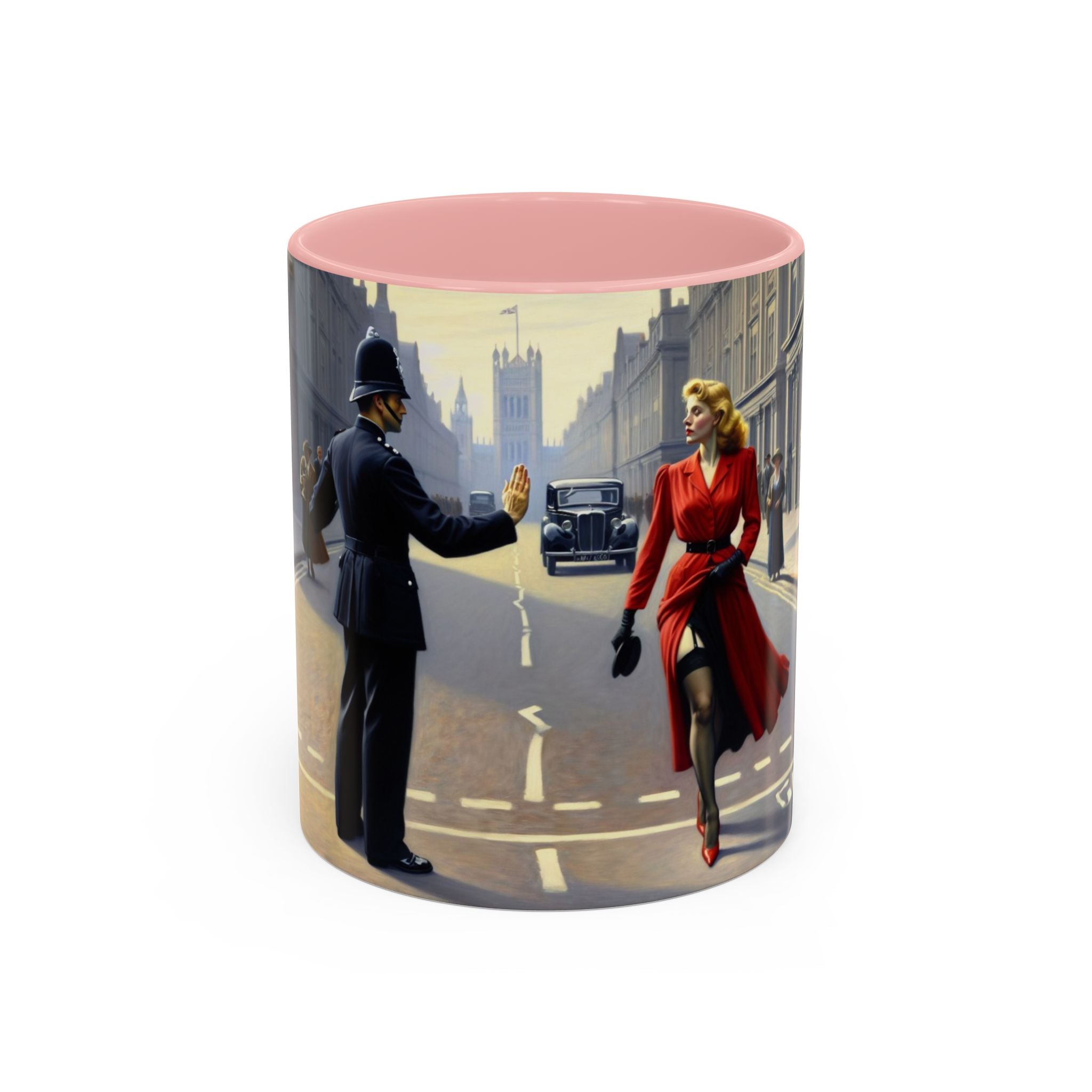 Close-up of the Vintage Glamour Accent Coffee Mug, featuring a glossy finish and colorful interior.