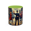 Vintage-Inspired Cityscape Accent Coffee Mug - 11oz & 15oz showcased on a modern office desk.