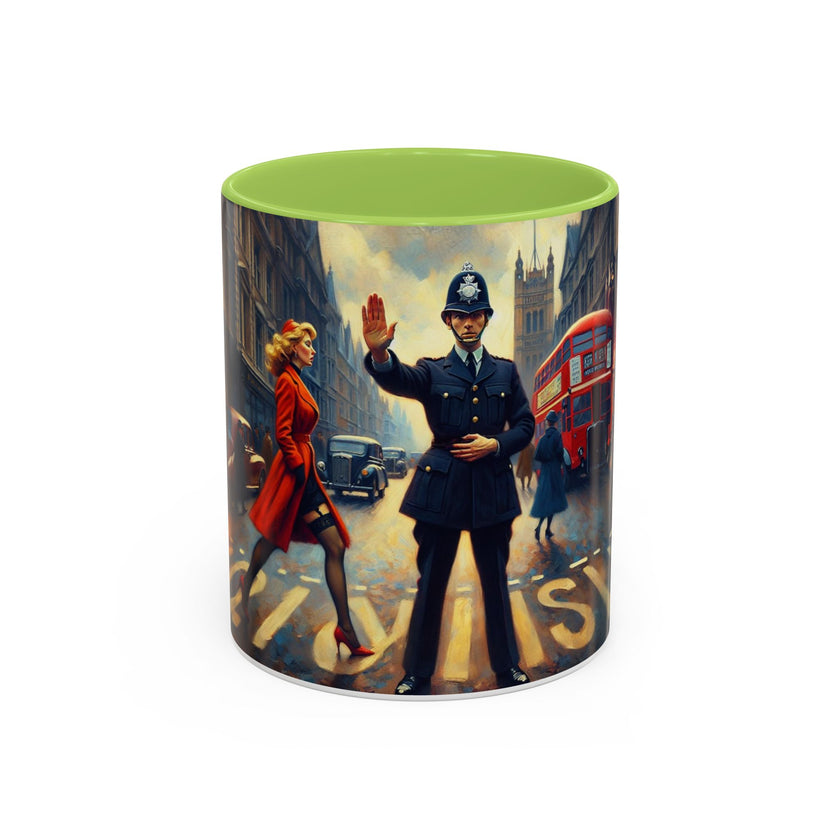 Vintage-Inspired Cityscape Accent Coffee Mug - 11oz & 15oz showcased on a modern office desk.