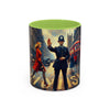 Vintage-Inspired Cityscape Accent Coffee Mug - 11oz & 15oz showcased on a modern office desk.