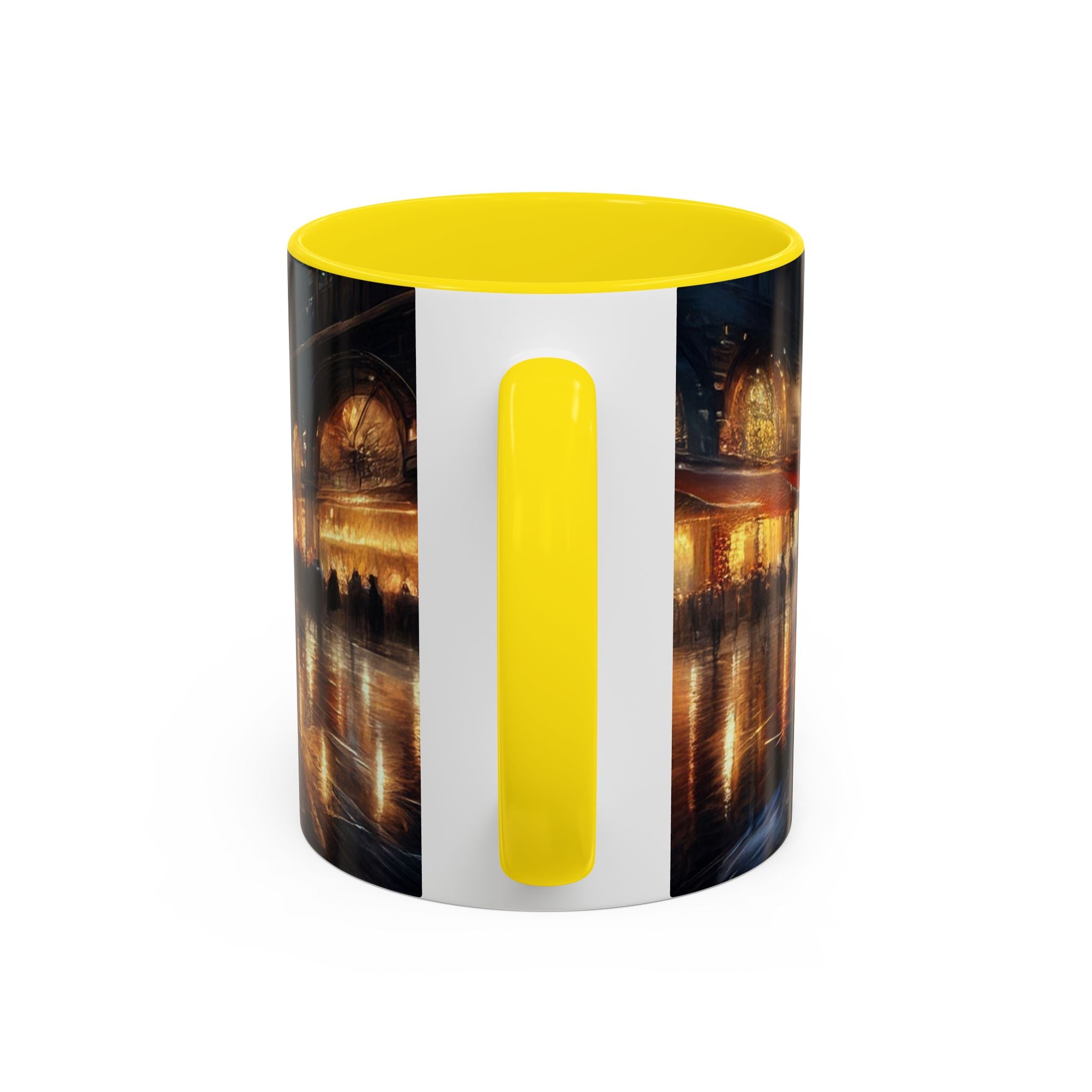 Elegant Nighttime Cityscape Coffee Mug shown with inspirational quotes, perfect for coffee lovers.