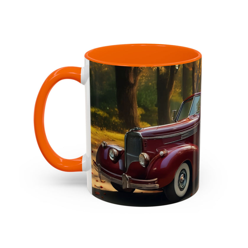 The trendy Vintage Autumn Vibes Coffee Mug against an autumn backdrop.