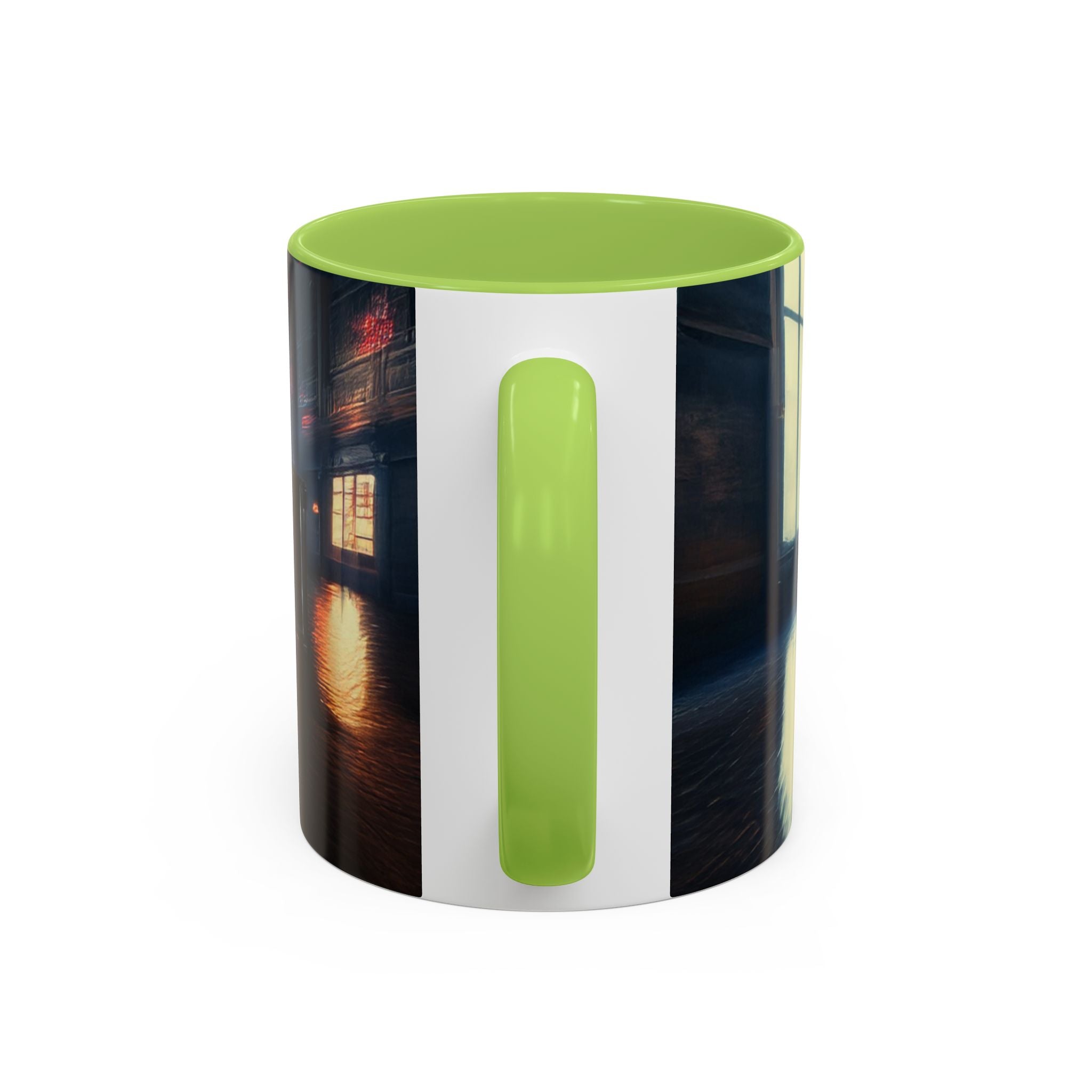 Elegant Urban Nightlife Coffee Mug elegantly placed on a bookshelf, adding color to home decor.