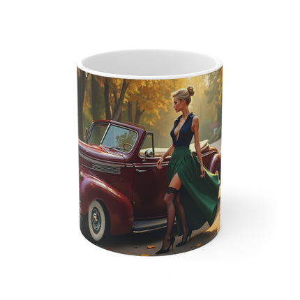 Vintage Glamour Red  London Car Mug, Enthusiast Gift, Coffee Cup, Retro, Unique, Mug, Glamour, Retro, Woman, Dress, Red , London