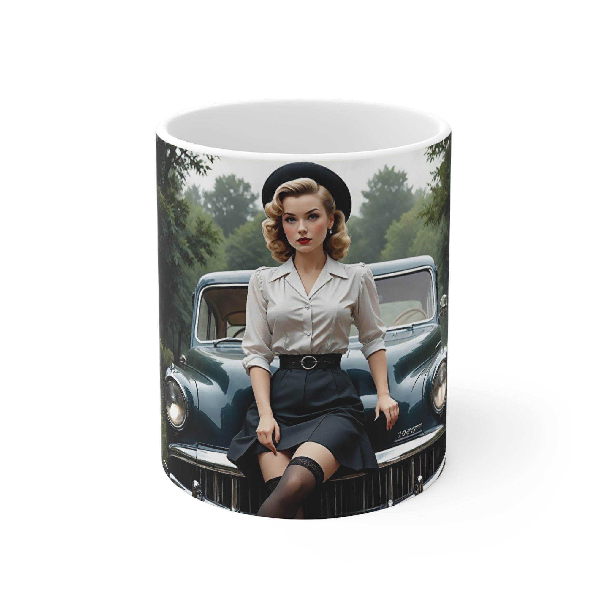 Attractive Woman, Retro Car, London Mug, Enthusiast Gift, Coffee Cup,  Unique, Mug, Glamour, Retro, Woman, Car, Dress, Red , London