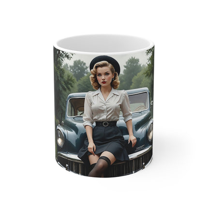 Attractive Woman, Retro Car, London Mug, Enthusiast Gift, Coffee Cup,  Unique, Mug, Glamour, Retro, Woman, Car, Dress, Red , London