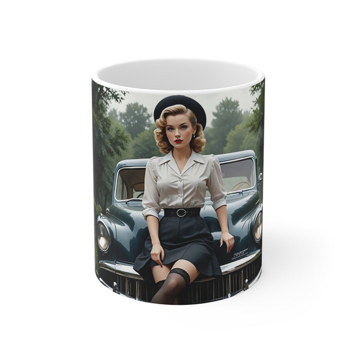 Attractive Woman, Retro Car, London Mug, Enthusiast Gift, Coffee Cup,  Unique, Mug, Glamour, Retro, Woman, Car, Dress, Red , London