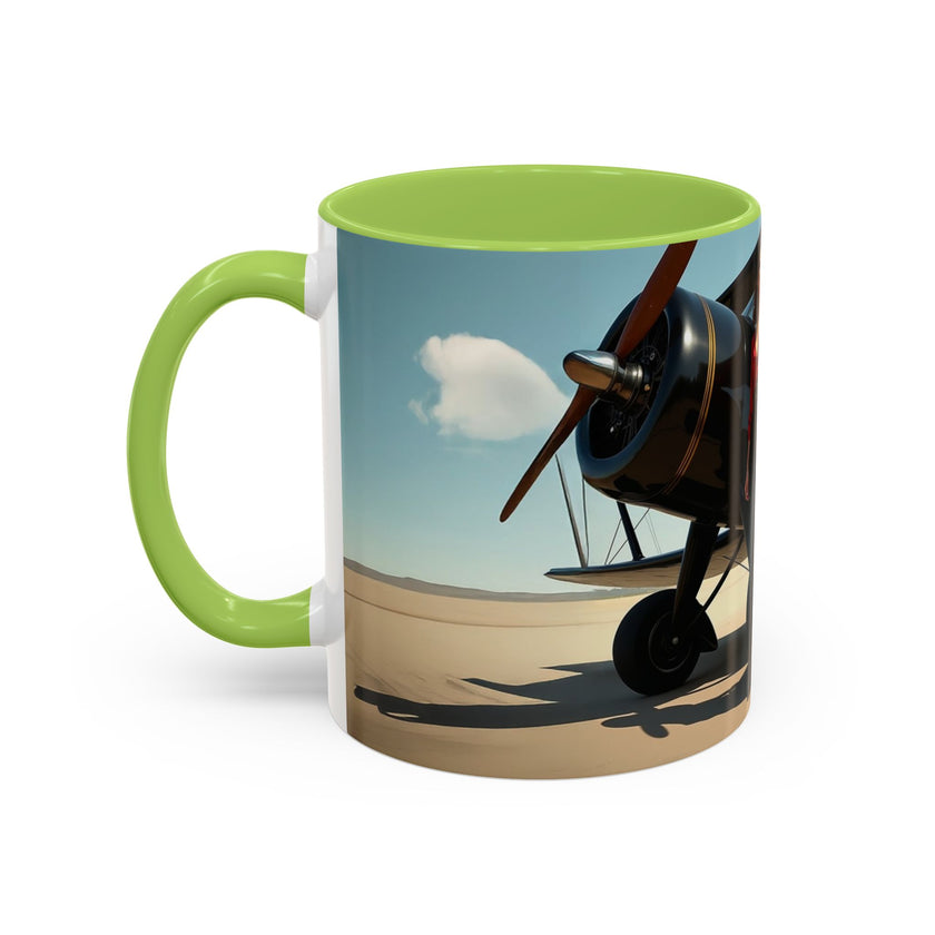 Vintage Aviation Accent Coffee Mug alongside a backdrop of scenic aviation imagery.