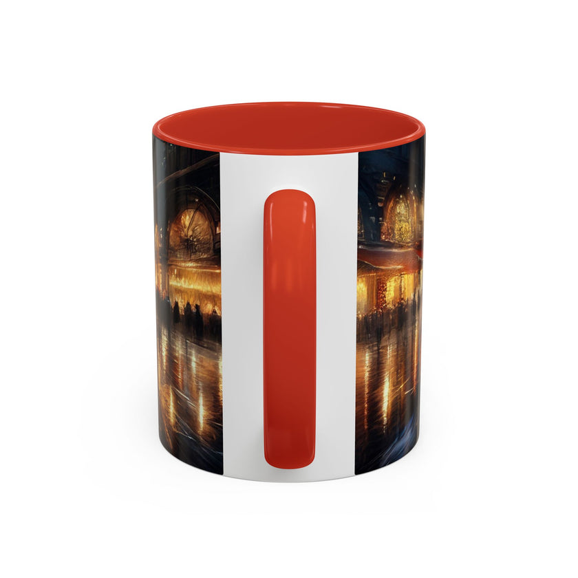 Elegant Nighttime Cityscape Coffee Mug alongside other drinkware, great for coffee lovers.