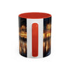 Elegant Nighttime Cityscape Coffee Mug alongside other drinkware, great for coffee lovers.