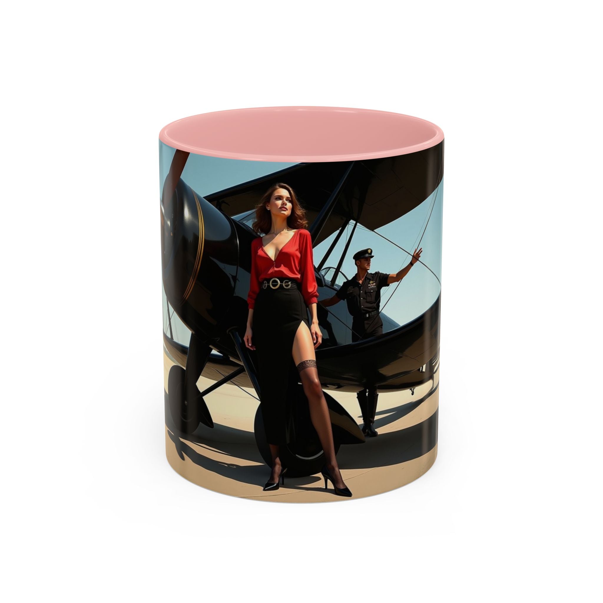 Vintage Aviation Accent Coffee Mug displayed with a steaming beverage, ideal for cozy coffee moments.