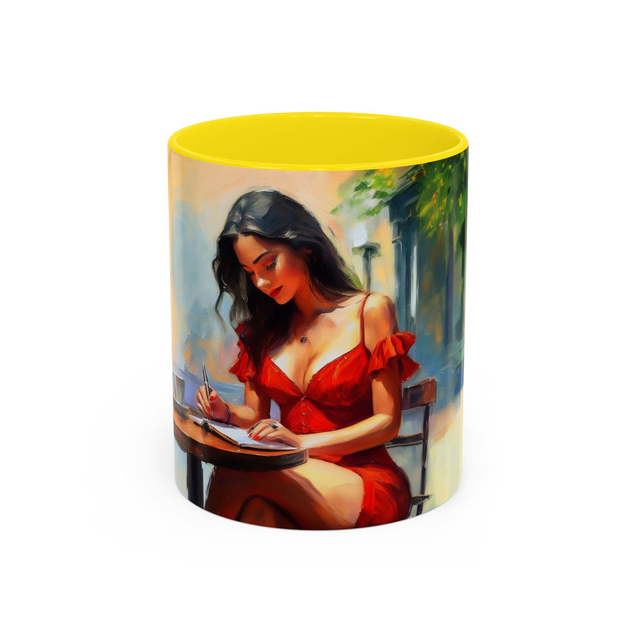 Artistic Red Dress Accent Coffee Mug - 11oz on a cafe table capturing vibrant colors in sunlight