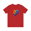 Rainbow Heart Ladies Shirt Jersey Short Sleeve Tee - Flat lay showcasing design and care instructions.