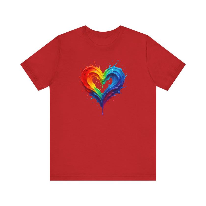 Rainbow Heart Ladies Shirt Jersey Short Sleeve Tee - Flat lay showcasing design and care instructions.