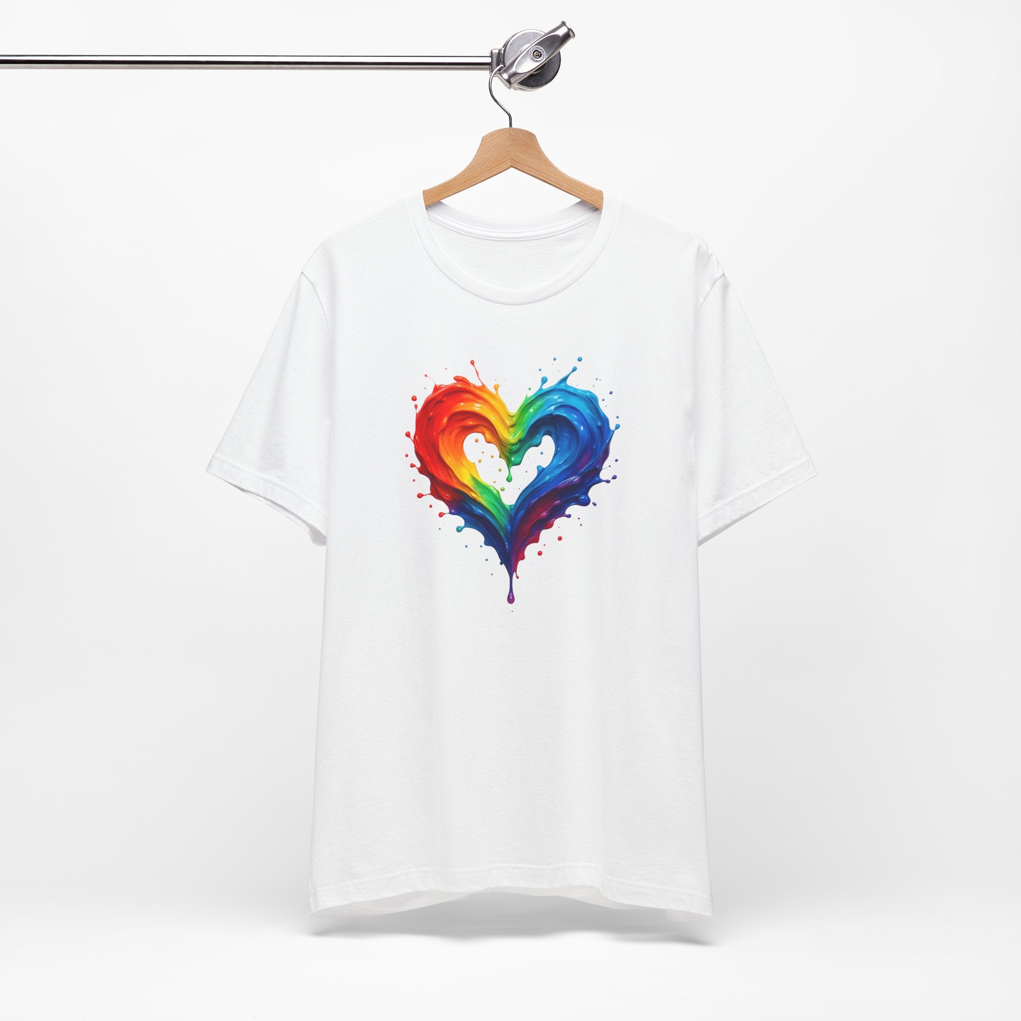 Rainbow Heart Ladies Shirt Jersey Short Sleeve Tee - Model at a music festival showcasing the stylish design.