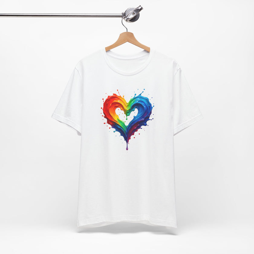 Rainbow Heart Ladies Shirt Jersey Short Sleeve Tee - Model at a music festival showcasing the stylish design.