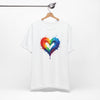 Rainbow Heart Ladies Shirt Jersey Short Sleeve Tee - Model at a music festival showcasing the stylish design.