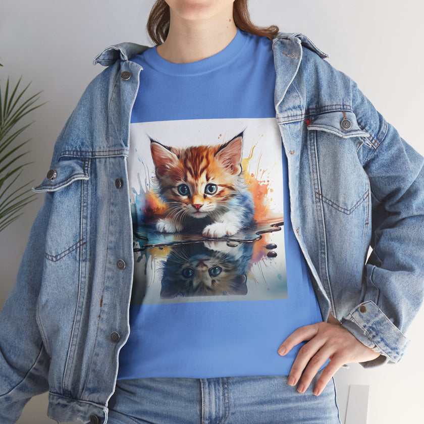Adorable Cat Reflection Unisex Heavy Cotton Tee, Pet Lover T-Shirt, Animal Art Shirt, Cute Cat Gift for Her, Everyday Casual Wear
