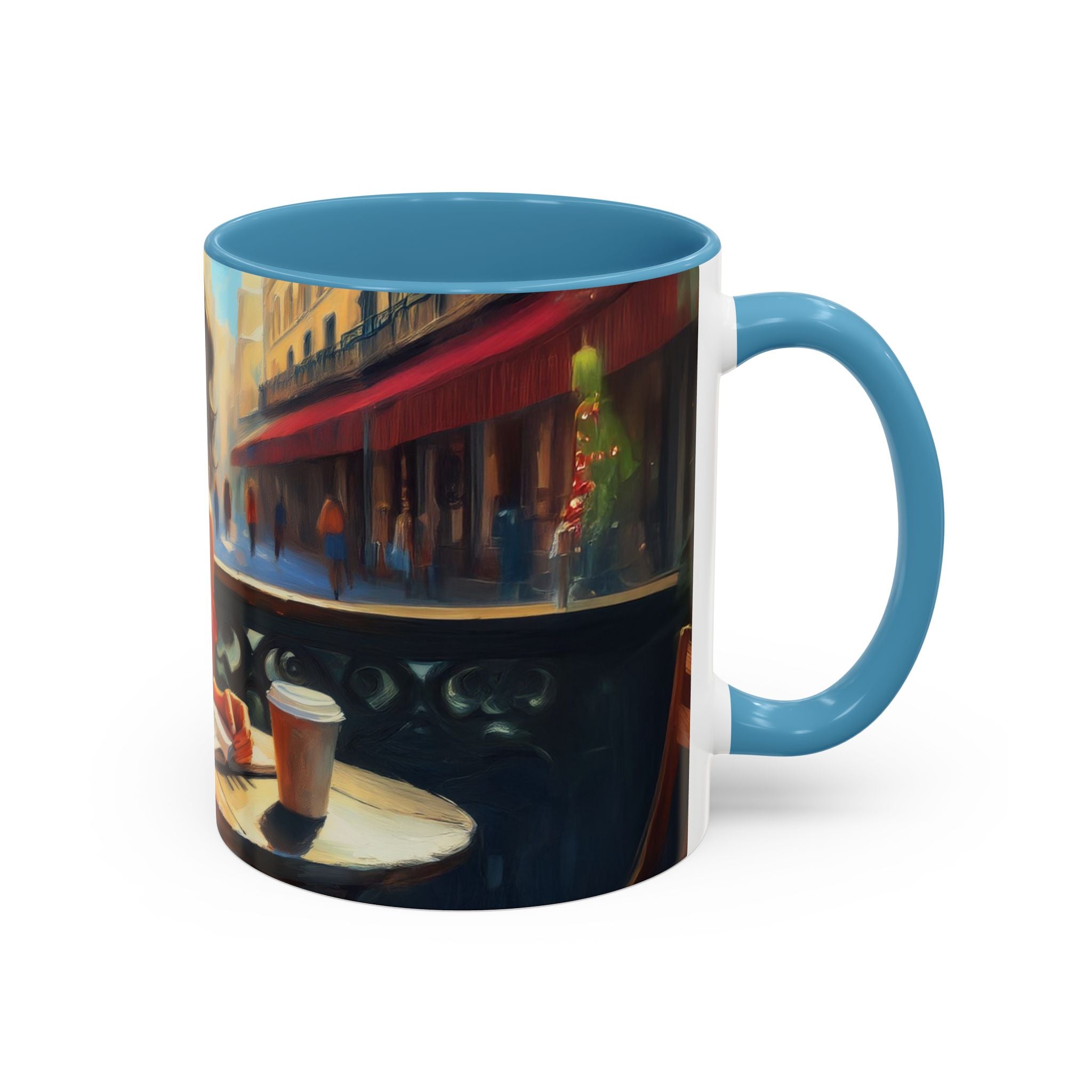 Parisian Dream Coffee Mug - 11oz set on a vibrant tablecloth, enhancing its appeal.