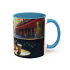 Parisian Dream Coffee Mug - 11oz set on a vibrant tablecloth, enhancing its appeal.