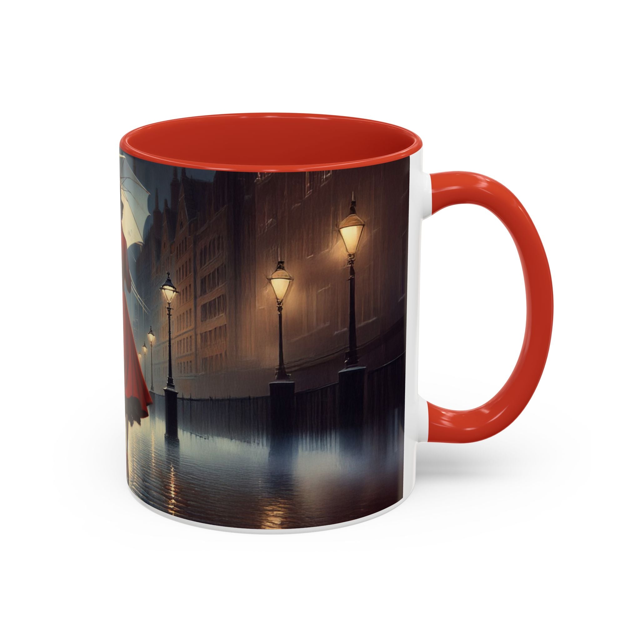 Elegant Red Dress Coffee Mug with artistic city scene design, perfect for morning coffee enthusiasts.