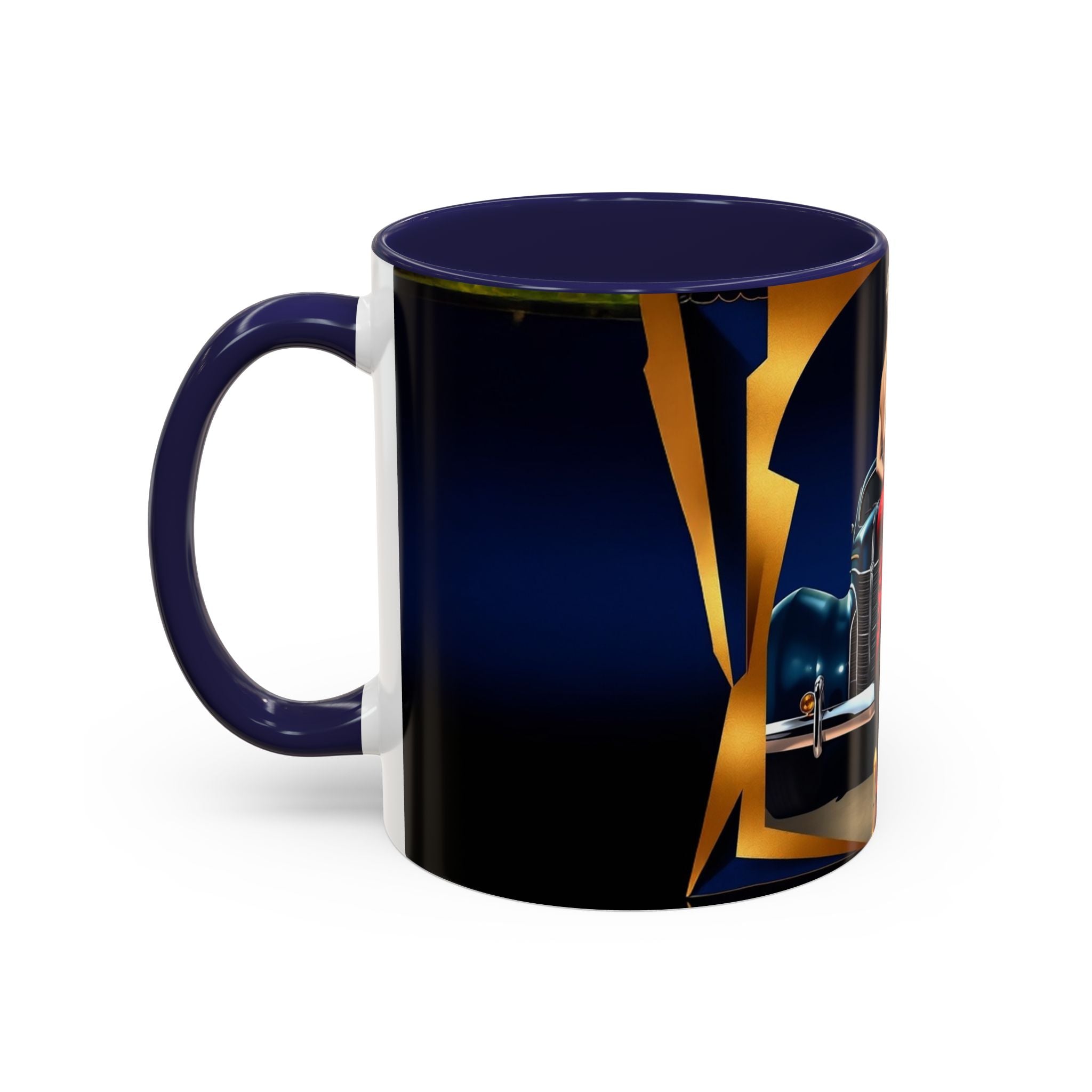 A hand holding the Vintage Pin-Up Coffee Mug - Classic Car Design filled with coffee.