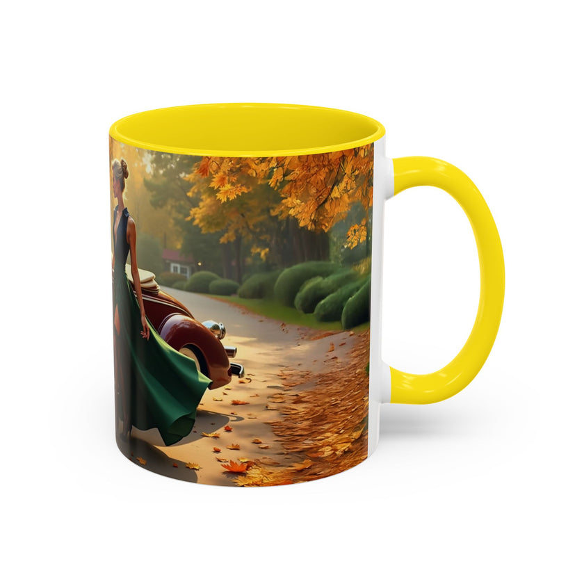 Vintage Autumn Vibes Coffee Mug displayed on a quaint kitchen shelf.