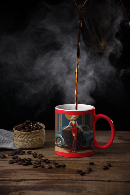 Attractive Woman, Red  Dress, Retro Car, Enthusiast Gift, Coffee Cup, Retro, Unique Pilot Mug, Glamour, Retro, Woman, Car