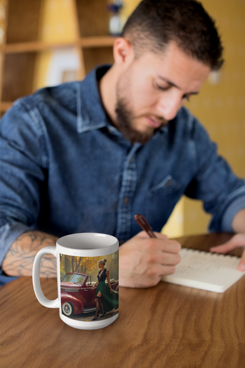 Vintage Glamour Red  London Car Mug, Enthusiast Gift, Coffee Cup, Retro, Unique, Mug, Glamour, Retro, Woman, Dress, Red , London