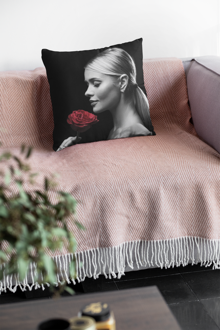 The Rose, Soft and Open, Mirrors Her Own Grace, Pillow Design